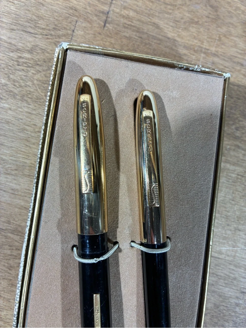 Vintage Scripto Fountain Pen Mechanical Pencil Set Black Green Original Box